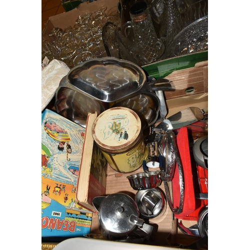 394 - THREE BOXES OF MIXED GLASS AND METALWARES comprising two boxes of mixed glassware to include a group... 