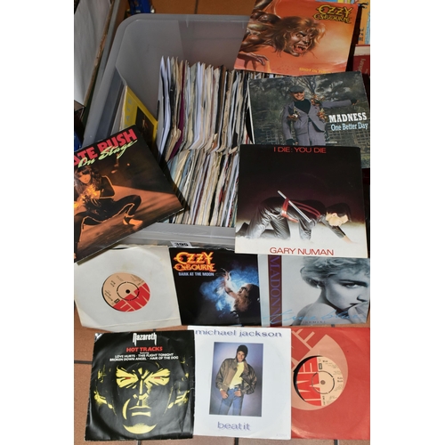 395 - A BOX OF APPROXIMATELY EIGHTY 45RPM SINGLES to include Wuthering Heights, Wow, On Stage by Kate Bush... 