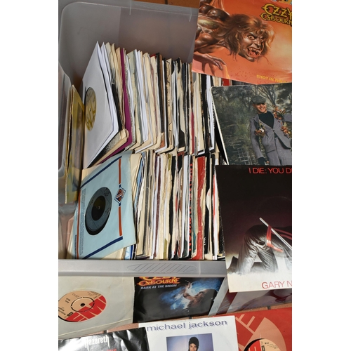 395 - A BOX OF APPROXIMATELY EIGHTY 45RPM SINGLES to include Wuthering Heights, Wow, On Stage by Kate Bush... 