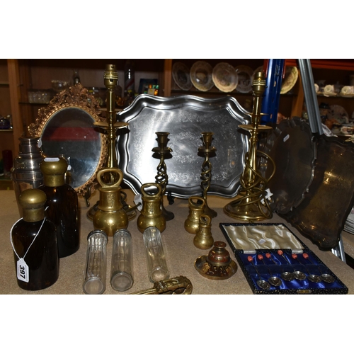 397 - A GROUP OF MIXED METALWARES to include a Mappin & Webb plated cocktail shaker (dent to shaker), a pa... 