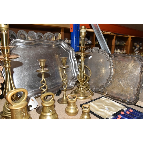 397 - A GROUP OF MIXED METALWARES to include a Mappin & Webb plated cocktail shaker (dent to shaker), a pa... 