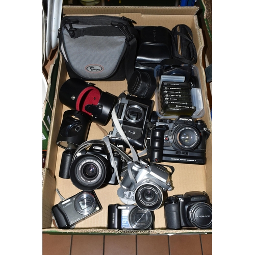 399 - A BOX OF CAMERAS to include a Canon EOS 500 fitted with a Canon Zoom Lens EF 35-80mm 1:4-5.6, a Chin... 