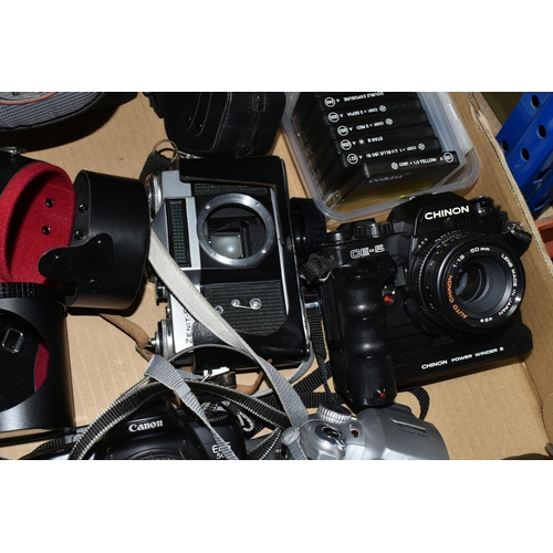 399 - A BOX OF CAMERAS to include a Canon EOS 500 fitted with a Canon Zoom Lens EF 35-80mm 1:4-5.6, a Chin... 