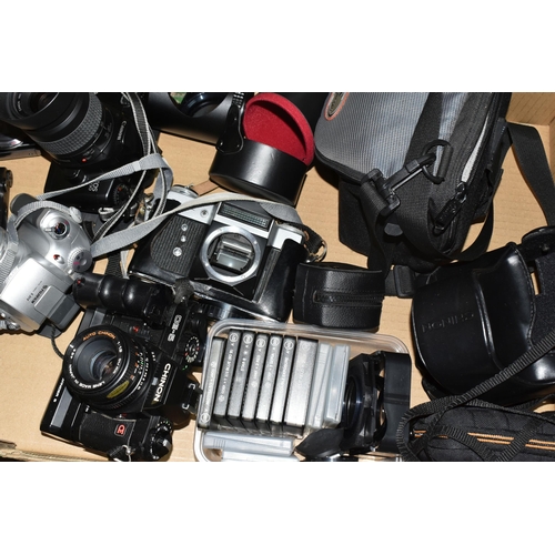 399 - A BOX OF CAMERAS to include a Canon EOS 500 fitted with a Canon Zoom Lens EF 35-80mm 1:4-5.6, a Chin... 