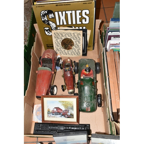 401 - TWO BOXES OF MISCELLANEOUS MOTORING ITEMS to include a replica Seddon Knight of the Road and an Albi... 