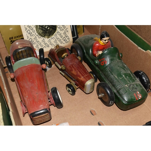 401 - TWO BOXES OF MISCELLANEOUS MOTORING ITEMS to include a replica Seddon Knight of the Road and an Albi... 