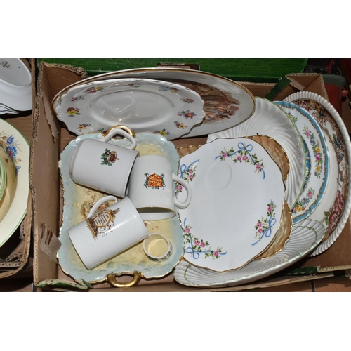 402 - FOUR BOXES OF MIXED CERAMICS AND GLASSWARE to include a box of JAJ Pyrex Autumn Glory dinner wares c... 