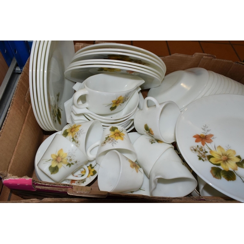 402 - FOUR BOXES OF MIXED CERAMICS AND GLASSWARE to include a box of JAJ Pyrex Autumn Glory dinner wares c... 