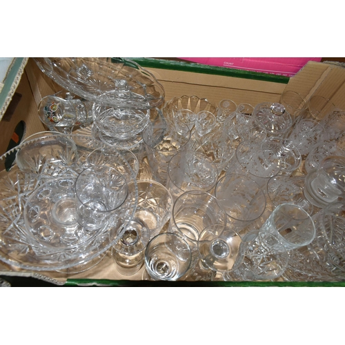 402 - FOUR BOXES OF MIXED CERAMICS AND GLASSWARE to include a box of JAJ Pyrex Autumn Glory dinner wares c... 