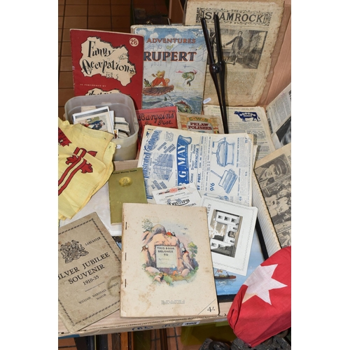 405 - ONE BOX OF EPHEMERA to include a framed painting of a southern European coastal scene, three flags, ... 