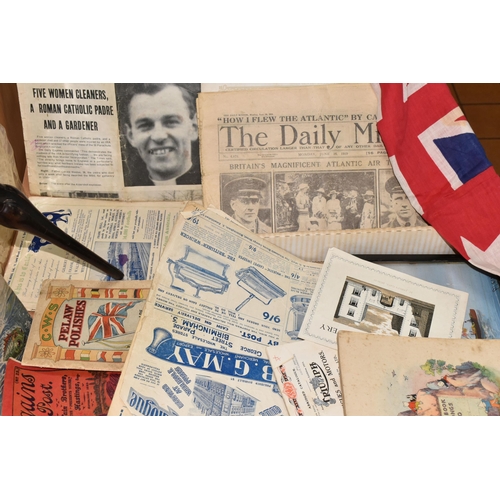 405 - ONE BOX OF EPHEMERA to include a framed painting of a southern European coastal scene, three flags, ... 