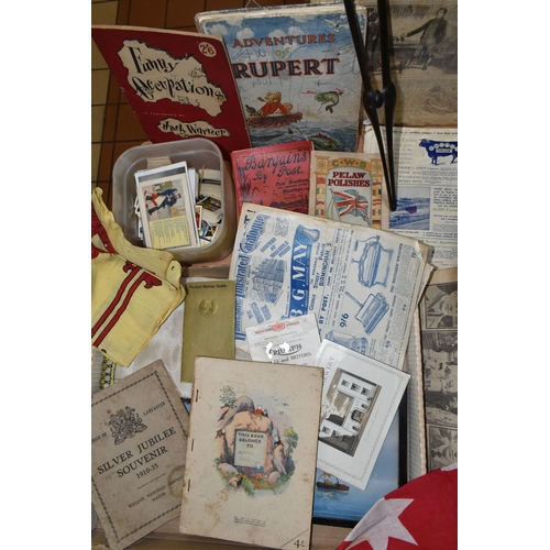 405 - ONE BOX OF EPHEMERA to include a framed painting of a southern European coastal scene, three flags, ... 