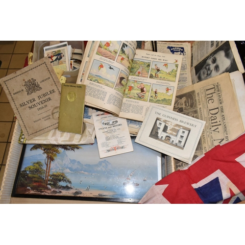 405 - ONE BOX OF EPHEMERA to include a framed painting of a southern European coastal scene, three flags, ... 