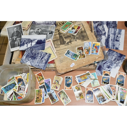 405 - ONE BOX OF EPHEMERA to include a framed painting of a southern European coastal scene, three flags, ... 