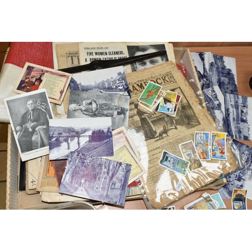 405 - ONE BOX OF EPHEMERA to include a framed painting of a southern European coastal scene, three flags, ... 