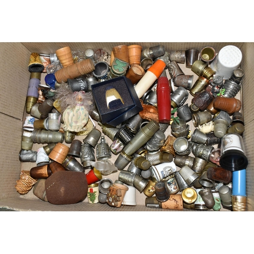 409 - ONE BOX AND LOOSE DISPLAYS OF THIMBLES to include approximately two hundred assorted metal, silver, ... 