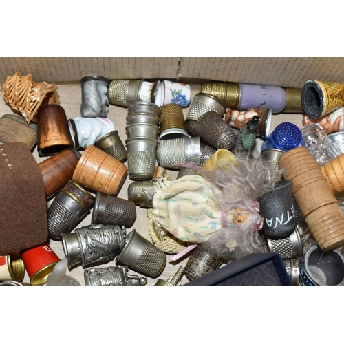 409 - ONE BOX AND LOOSE DISPLAYS OF THIMBLES to include approximately two hundred assorted metal, silver, ... 