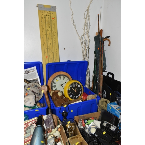 423 - FOUR BOXES AND LOOSE CLOCKS, CAMERAS AND MISCELLANEOUS, to include three wall clocks, battery operat... 