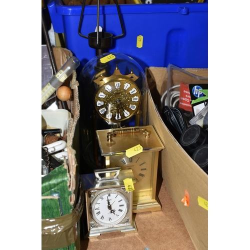 423 - FOUR BOXES AND LOOSE CLOCKS, CAMERAS AND MISCELLANEOUS, to include three wall clocks, battery operat... 