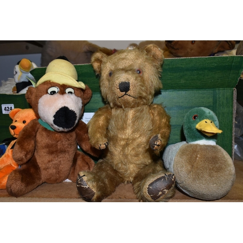 424 - THREE BOXES OF SOFT TOYS, to include a selection of vintage bears, modern bears, dogs, etc. RSPB toy... 