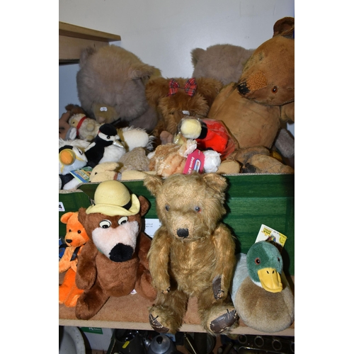 424 - THREE BOXES OF SOFT TOYS, to include a selection of vintage bears, modern bears, dogs, etc. RSPB toy... 