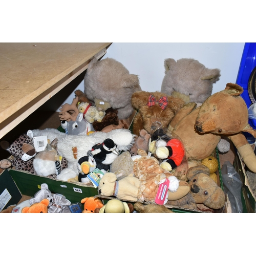 424 - THREE BOXES OF SOFT TOYS, to include a selection of vintage bears, modern bears, dogs, etc. RSPB toy... 