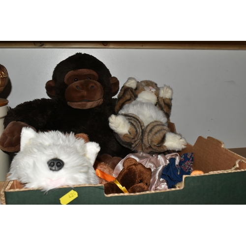 424 - THREE BOXES OF SOFT TOYS, to include a selection of vintage bears, modern bears, dogs, etc. RSPB toy... 