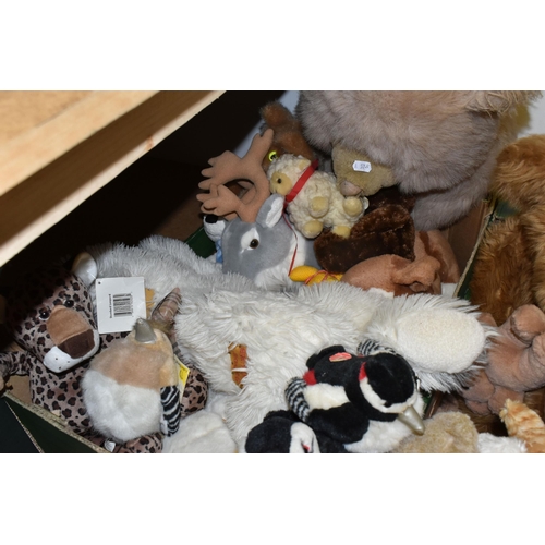 424 - THREE BOXES OF SOFT TOYS, to include a selection of vintage bears, modern bears, dogs, etc. RSPB toy... 