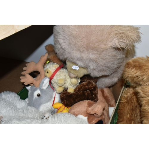 424 - THREE BOXES OF SOFT TOYS, to include a selection of vintage bears, modern bears, dogs, etc. RSPB toy... 