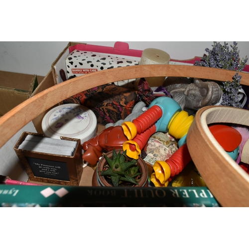 425 - SIX BOXES AND LOOSE MISCELLANEOUS ITEMS, to include three vintage umbrellas, walking sticks, a selec... 