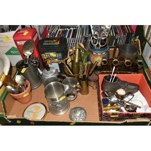 425 - SIX BOXES AND LOOSE MISCELLANEOUS ITEMS, to include three vintage umbrellas, walking sticks, a selec... 