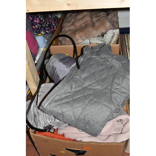 427 - FIVE BOXES OF LADIES' CLOTHES, sizes vary from 8, 10, 12, 14 to include coats and gilets from Next, ... 