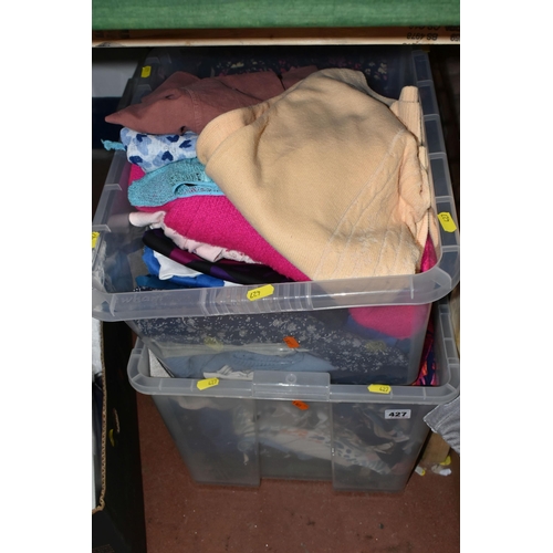 427 - FIVE BOXES OF LADIES' CLOTHES, sizes vary from 8, 10, 12, 14 to include coats and gilets from Next, ... 