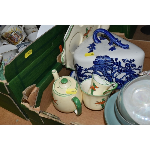 428 - FIVE BOXES AND LOOSE CERAMICS AND GLASS, to include a collection of Royal Family memorabilia, large ... 