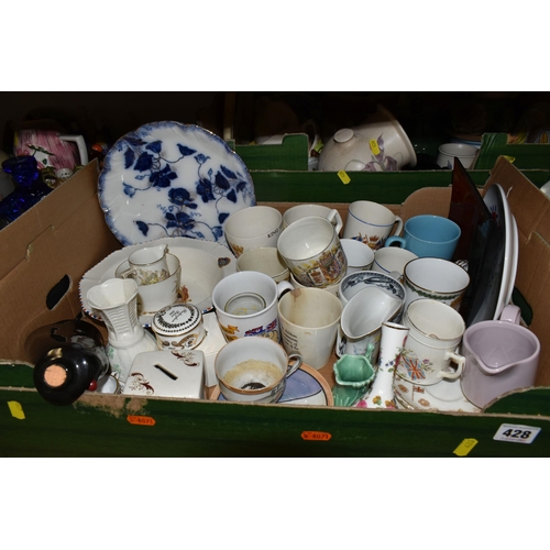 428 - FIVE BOXES AND LOOSE CERAMICS AND GLASS, to include a collection of Royal Family memorabilia, large ... 