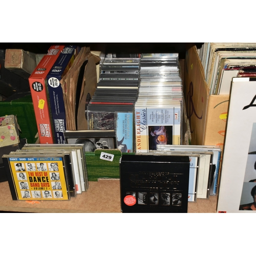 429 - THREE BOXES OF CDS, RECORDS AND PIANOLA ROLLS, included twenty five pianola rolls, piano style, Melo... 