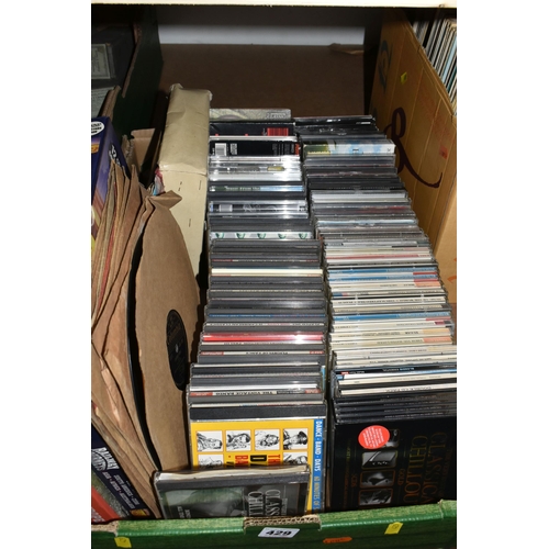 429 - THREE BOXES OF CDS, RECORDS AND PIANOLA ROLLS, included twenty five pianola rolls, piano style, Melo... 