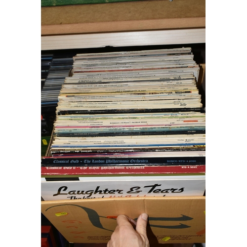 429 - THREE BOXES OF CDS, RECORDS AND PIANOLA ROLLS, included twenty five pianola rolls, piano style, Melo... 