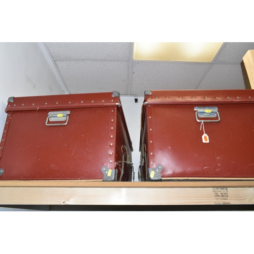 432 - A QUANTITY OF LARGE ITEMS, to include two large red leather look trunks with canvas straps and metal... 