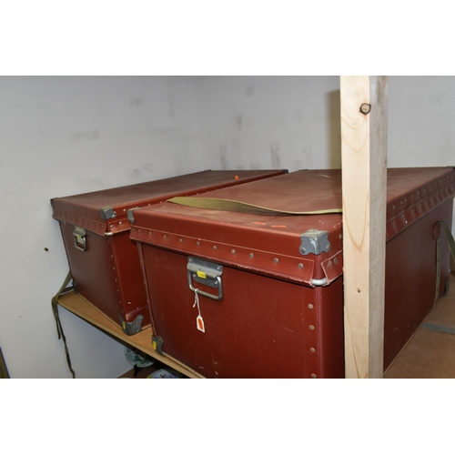 432 - A QUANTITY OF LARGE ITEMS, to include two large red leather look trunks with canvas straps and metal... 