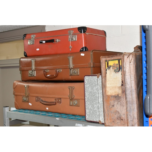 439 - FIVE BOXES AND LOOSE MISCELLANEOUS ITEMS to include five vintage suitcases, one box of treen compris... 