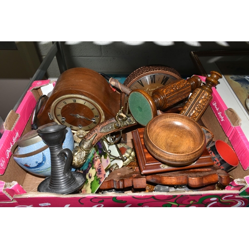 439 - FIVE BOXES AND LOOSE MISCELLANEOUS ITEMS to include five vintage suitcases, one box of treen compris... 