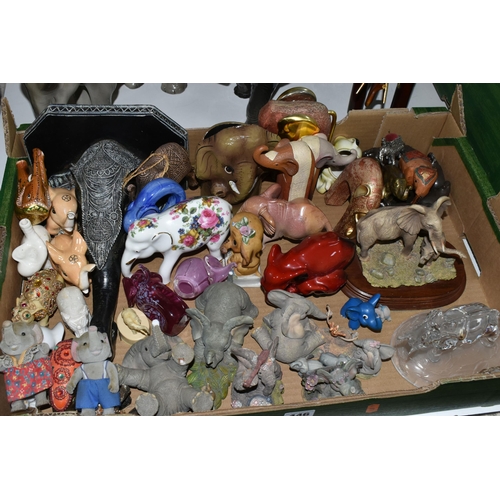 446 - THREE BOXES AND LOOSE FIGURES OF ELEPHANTS, to include a Royal Doulton Flambé Elephant and Young HN3... 