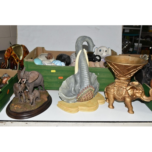 446 - THREE BOXES AND LOOSE FIGURES OF ELEPHANTS, to include a Royal Doulton Flambé Elephant and Young HN3... 