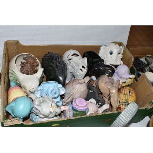 446 - THREE BOXES AND LOOSE FIGURES OF ELEPHANTS, to include a Royal Doulton Flambé Elephant and Young HN3... 