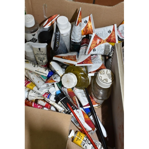 447 - THREE BOXES OF ART MATERIALS, to include Daler-Rowney Georgian oil paints in 38ml and 75ml tubes, Da... 