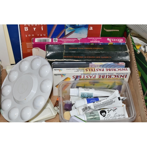 447 - THREE BOXES OF ART MATERIALS, to include Daler-Rowney Georgian oil paints in 38ml and 75ml tubes, Da... 