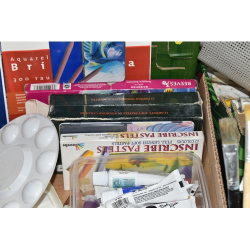 447 - THREE BOXES OF ART MATERIALS, to include Daler-Rowney Georgian oil paints in 38ml and 75ml tubes, Da... 