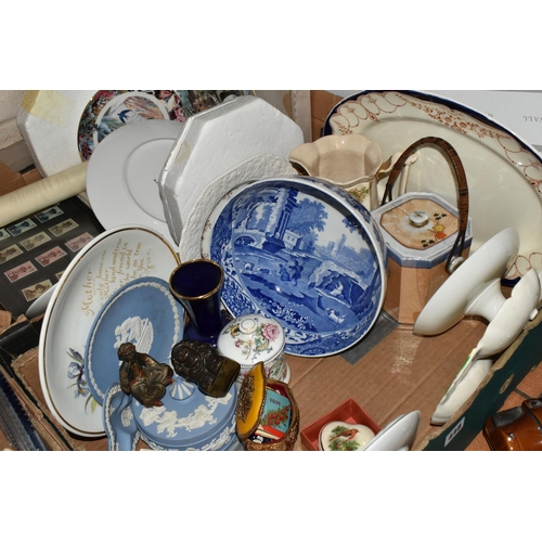 448 - FOUR BOXES OF CERAMICS, GLASS, METALWARE AND RECORDS, to include a Copeland Spode's Italian fruit bo... 