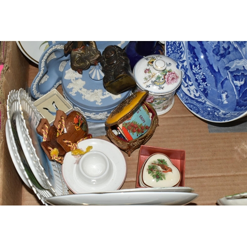 448 - FOUR BOXES OF CERAMICS, GLASS, METALWARE AND RECORDS, to include a Copeland Spode's Italian fruit bo... 